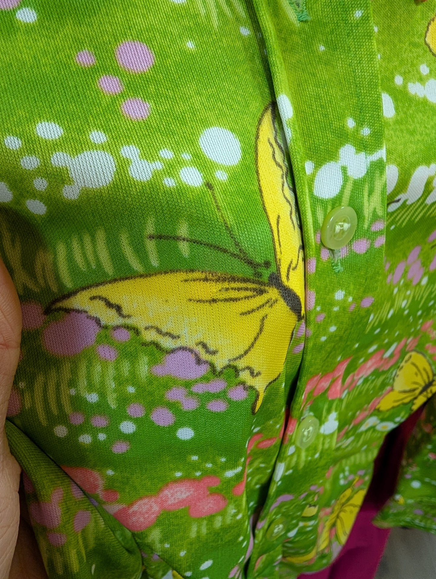 1970s Whip-O-Will green novelty butterfly print shirt - XS/S