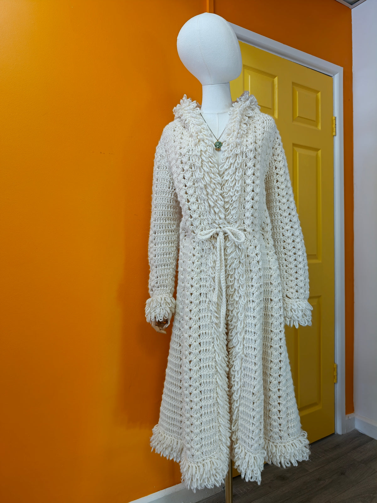 1970s crochet loop stitch hooded long cardigan